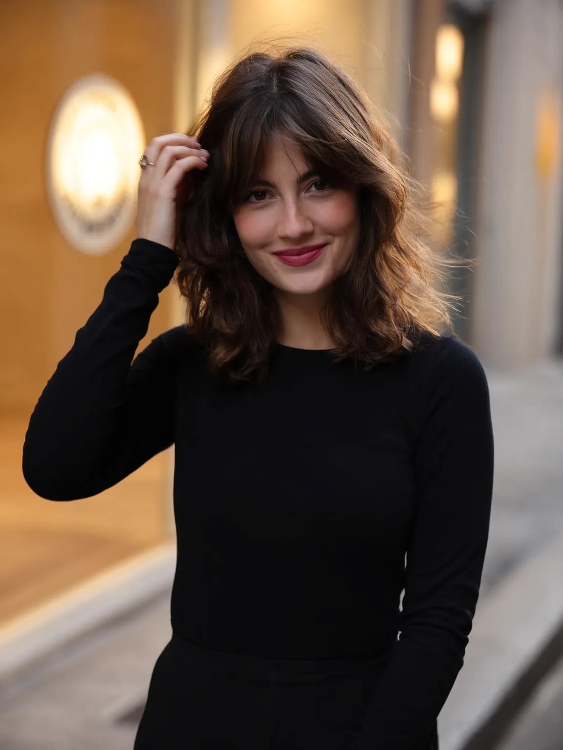 Layered Lob in Rich Chestnut Brown with Curtain Bangs